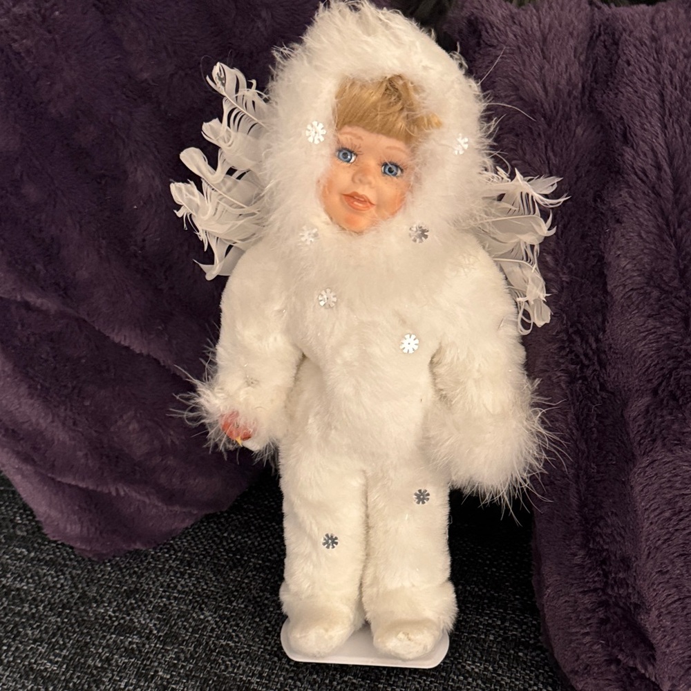 Vintage White Angel Doll with Feathery winter Outfit